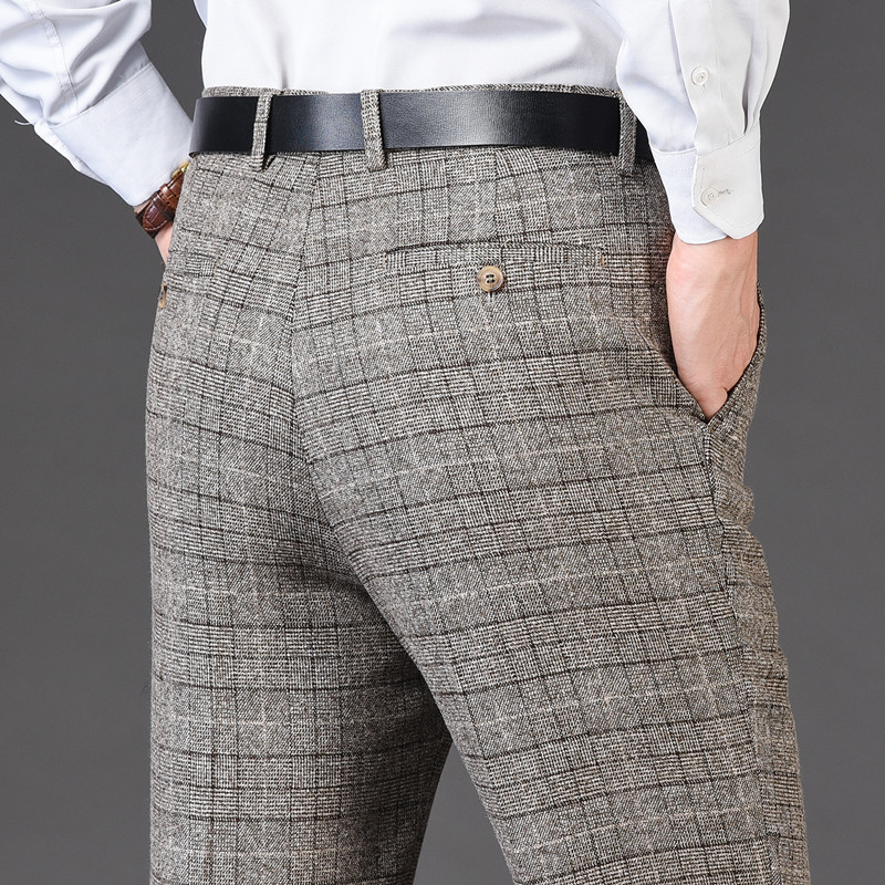 Pantalon de costume plat en cachemire pour hommes, ample, à carreaux, taille haute, classique, droit, formel, taille Business 42 44