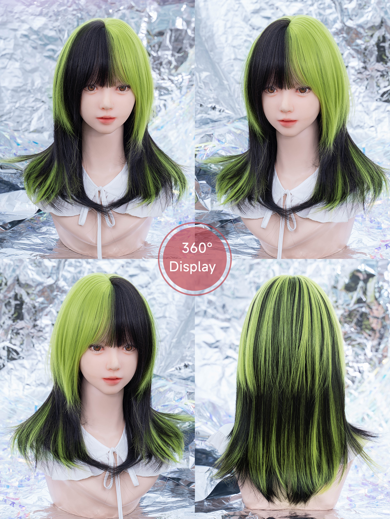 18 インチ日本パンク黒ハイライトグリーン合成かつら前髪ミディアムストレートヘアウィッグ女性のためのコスプレ耐熱