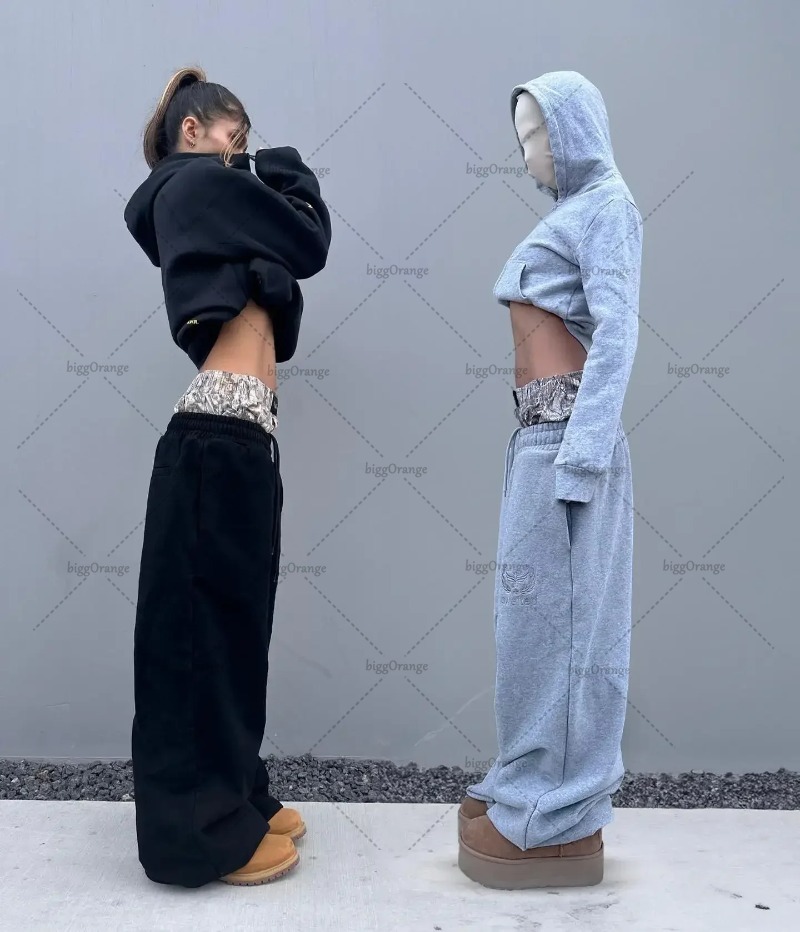 ยุโรปและอเมริกา High Street แฟชั่นกางเกงปลอม 2 ชิ้น Sweatpants หลวมและอเนกประสงค์ Drawstring กางเกงขากว้างผู้หญิง
