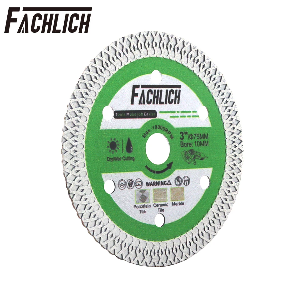 FACHLICH-disco de corte de diamante de 3 pulgadas y 75mm, cortador de azulejos de mármol, cerámica, porcelana, hoja de sierra de corte, Mini placa amoladora de 10mm