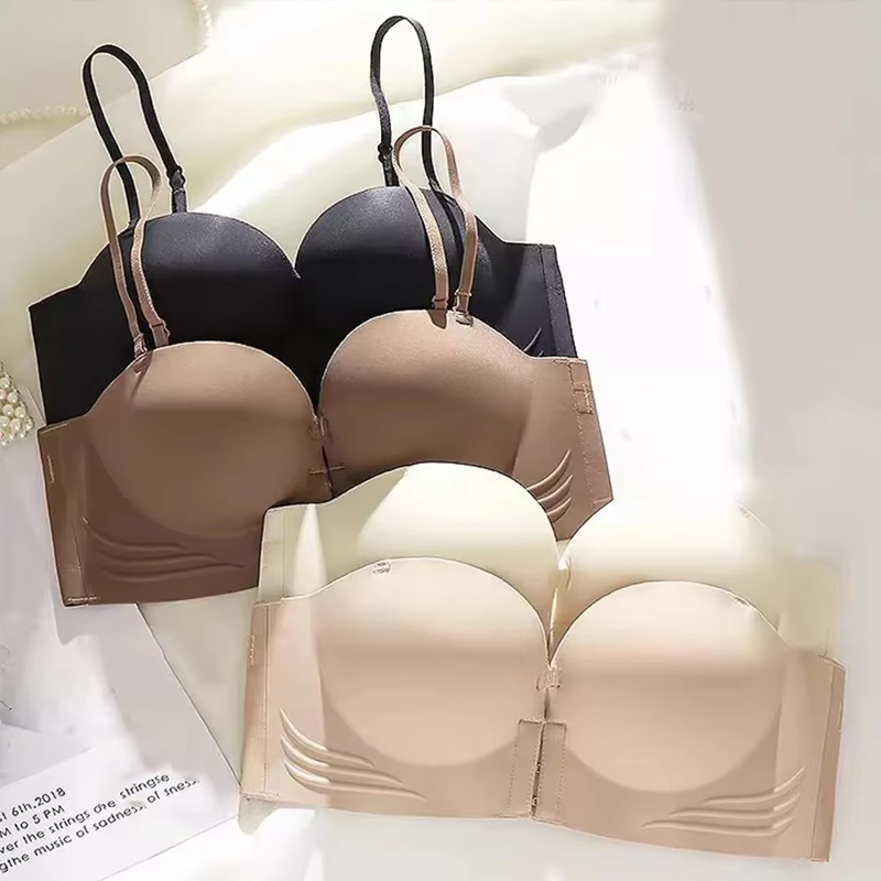 Sujetadores sin tirantes con cierre frontal para mujer, sostén push-up sin costuras, ropa interior gruesa y suave, lencería Invisible ajustable de Color sólido