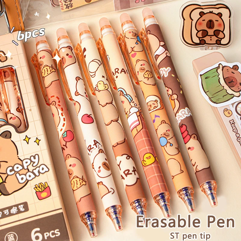 6 ชิ้นน่ารัก Capybara Erasable ปากกาหมึกสีฟ้าการเขียน Smooth Quick - Drying ปากกาอุปกรณ์สํานักงานโรงเรียนนักเรียนเครื่องเขียนของขวัญ