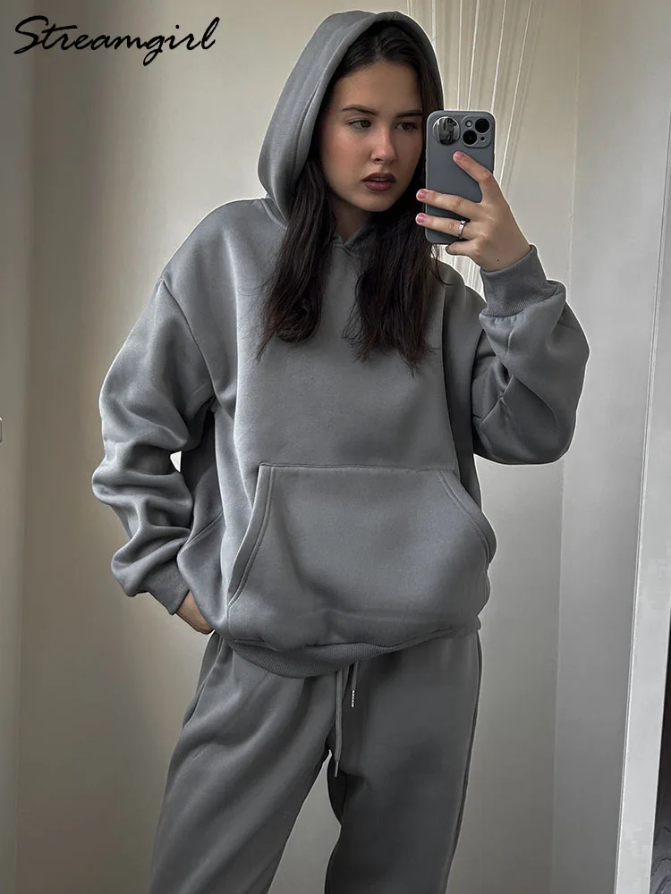 グレー暖かいフリーススーツ女性のための冬の厚いベルベットパンツセットスウェットパンツトレーナーレディース Warrn トラックスーツ女性 2 点セット