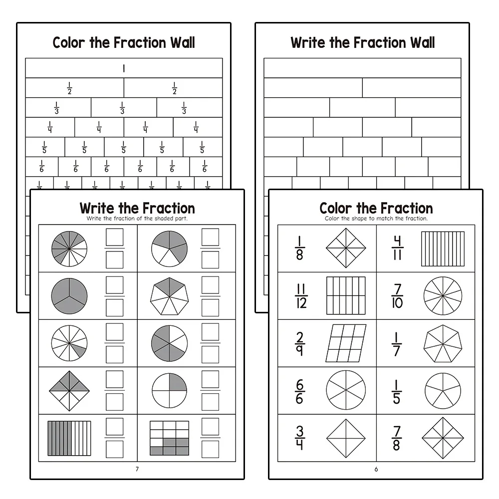 Libro de ejercicios de formación para aprender y practicar fracciones básicas, material didáctico para profesores, libro de prueba cognitiva de matemáticas para escuela primaria