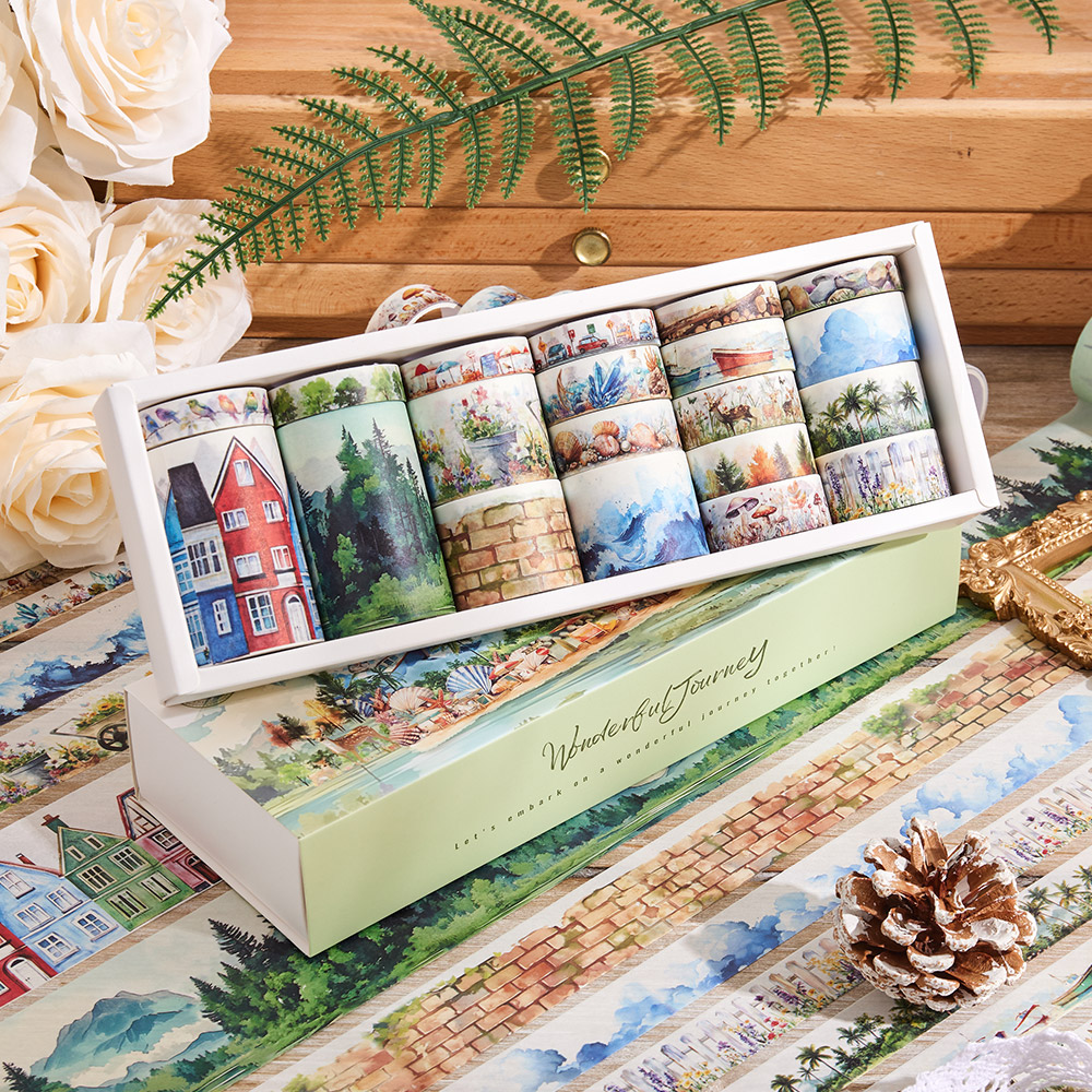 20 롤 빈티지 멋진 여행 Washi 테이프 세트 DIY 공예 플래너 노트북을위한 장식 Scrapbppking 스티커 마스킹 테이프