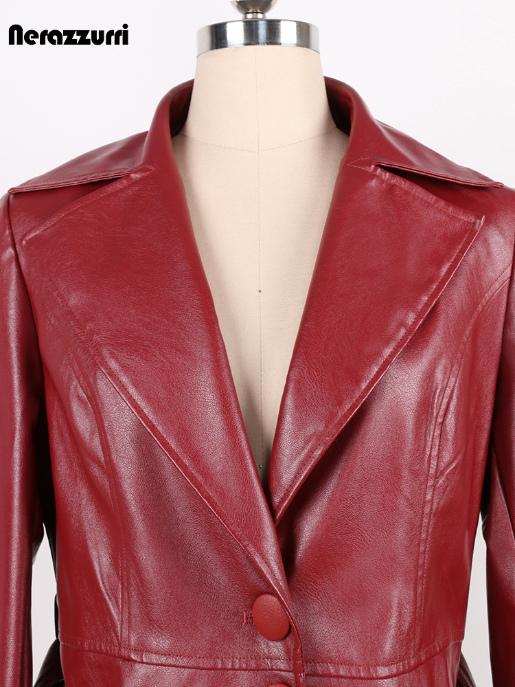 Nerazzurri 春秋フィットロング Pu レザートレンチコート女性のためのサッシシングルブレストエレガントシックな高級服 2024