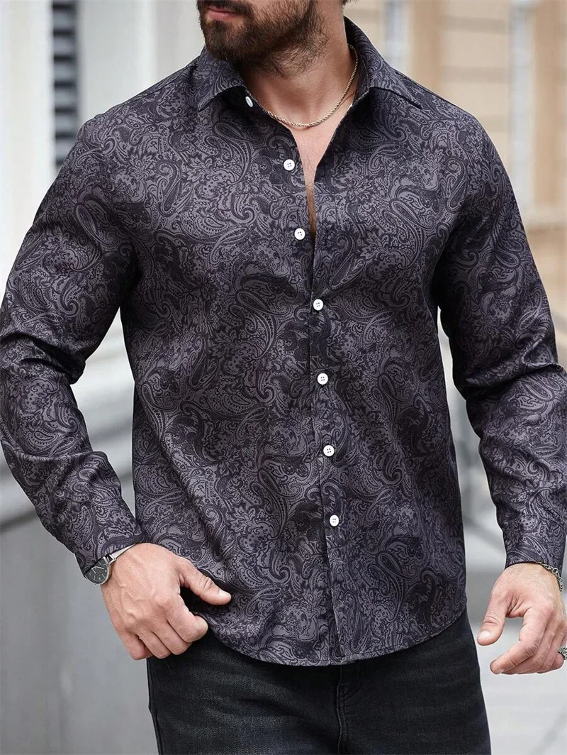 Kemeja Lengan Panjang Pria 2025 Kemeja Pola Jalanan Harian Kerah Lengan Panjang Fashion Kasual Pakaian Pria Fashionshirt untuk