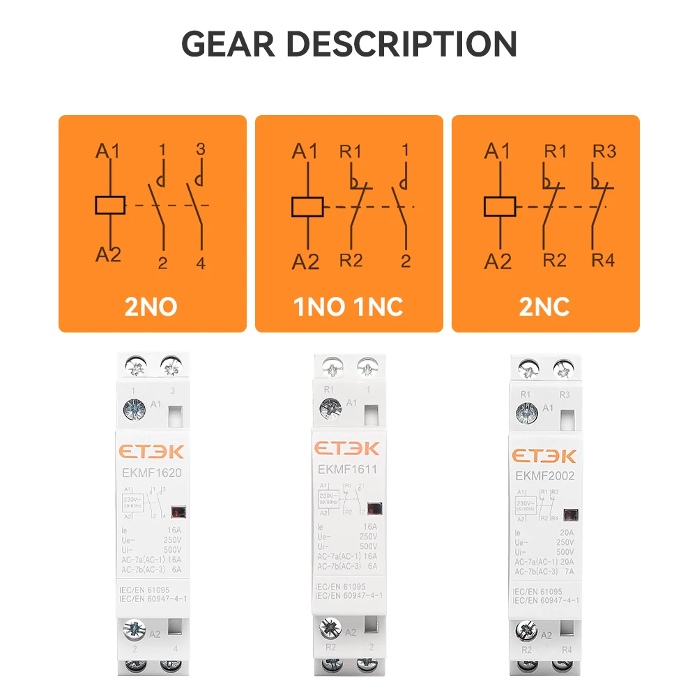ETEK-contator de CA Modular para el hogar, carril Din, 220v, monofásico, 2P, 2no, 2nc, 1no, 1nc, 25A, 20A, 16A, para automatización EKMF