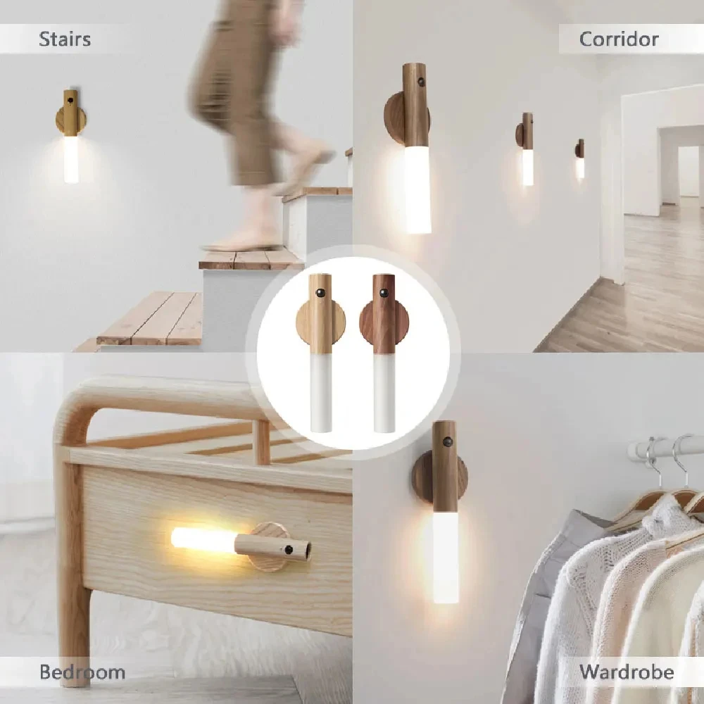 Intelligente magnetische Sauglampe aus Holz, LED-Lade-Nachtlicht, Treppenhaus, Flur, Schlafzimmer, Atmosphäre, menschlicher Körper, Sensing-Licht