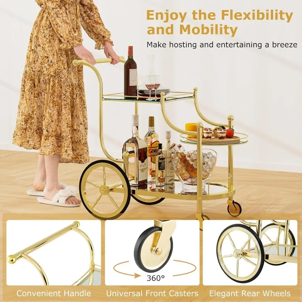 Rolling Bar Cart with 3-Tier Shelf & 4 Wheels, Tempered Glass Bar&Serving Cart,  for Metal Trolley for Home, Restaurant & Hotel