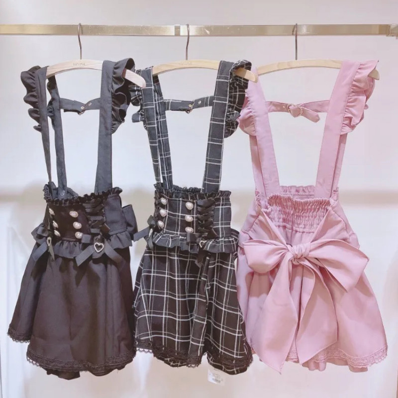 Japonês gótico lolita fita curta suspender saia xadrez meninas doce bonito rendas a linha mini saias summer2025 preto sólido kawaii