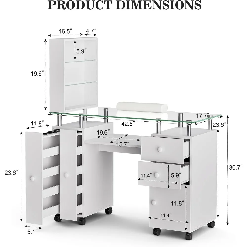 Manicure Table Nail Desk for Nail Tech, Glass Top Nail Table Station Acetone Resistant w/Storage Drawers & Open Shelves