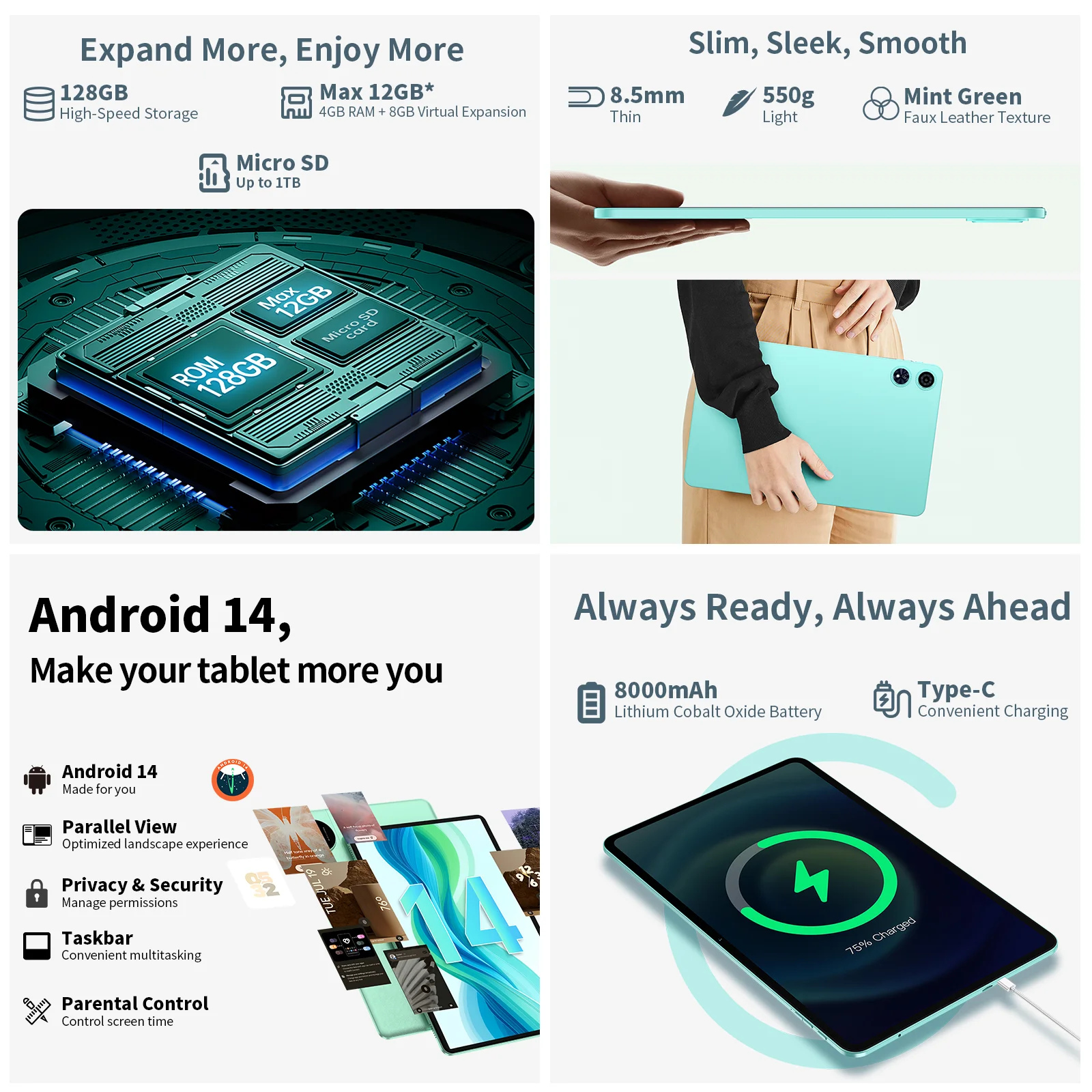 Odea A12 android 14 tablet, t606 8-core, 4gb 8gb ram 128gb rom, 12 zoll 2000x1200 display, 8000mah, widevine l1, 13mp kamera
