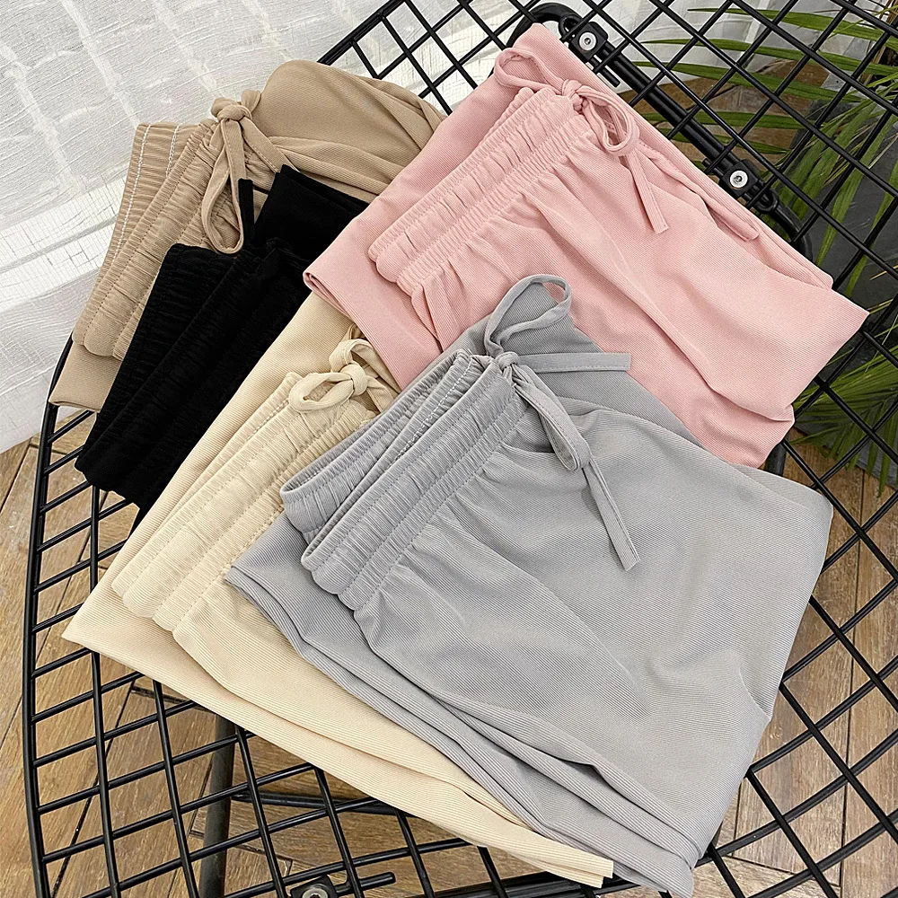 Pantalones de pierna ancha hasta el tobillo para mujer, pantalón informal de cintura elástica sólida, pantalones sueltos de seda de hielo, primavera y verano