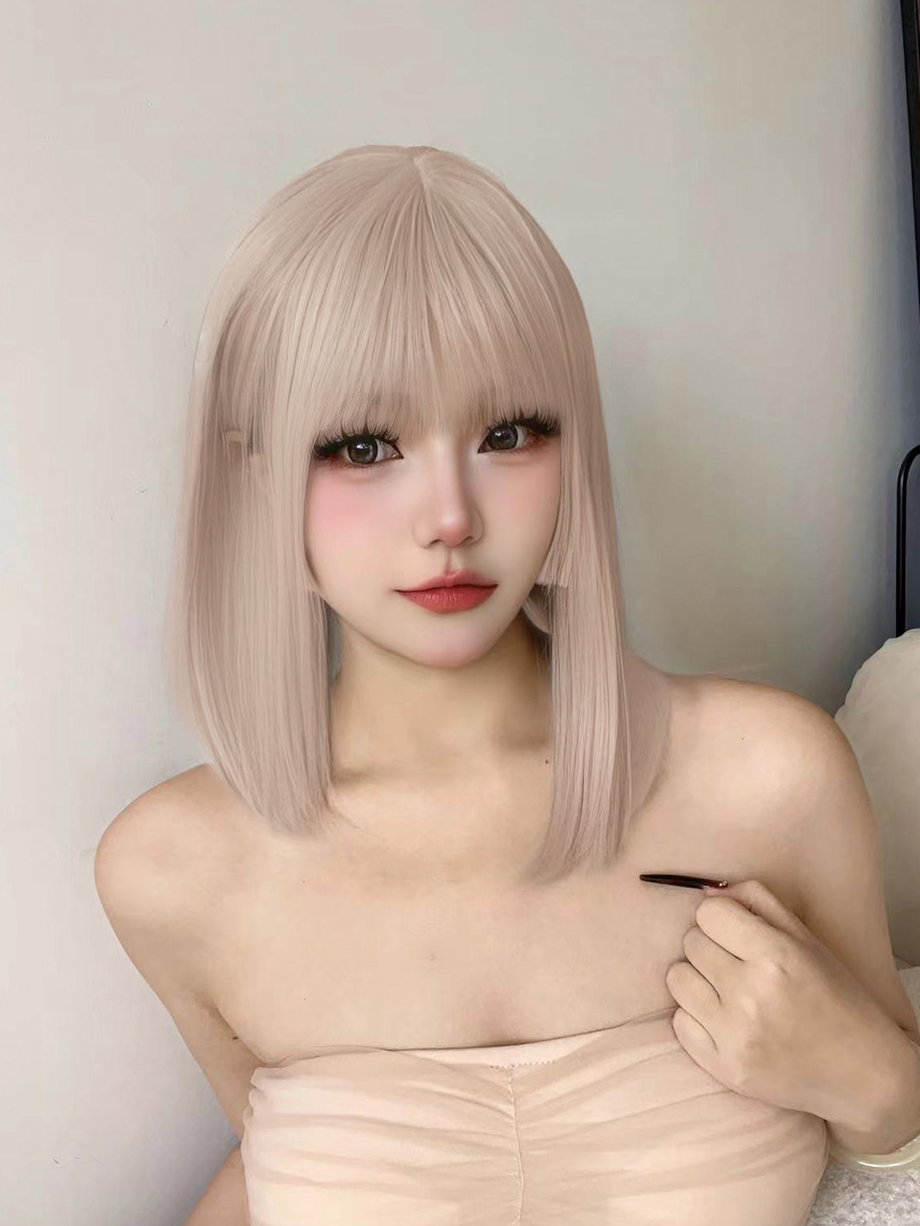 合成ウィッグ,女性用ウィッグミトン,ナチュラルストレートヘア,デイリーコスプレウィッグ,耐熱性,オークホワイト,ミディアムカラー,16インチ