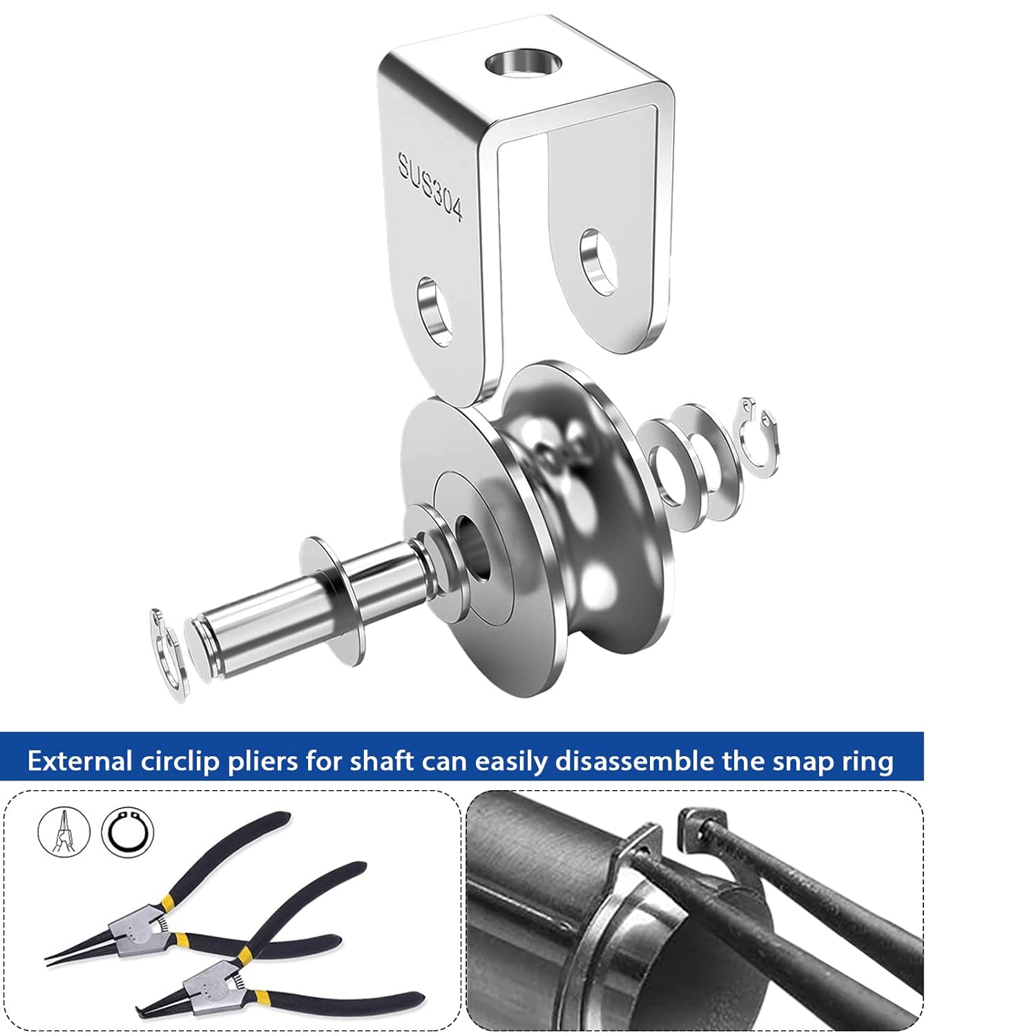Rolo de polia de roda única tipo U, aço inoxidável 304, rotação de 360 graus, roda ranhurada resistente, bloco de polia tipo V