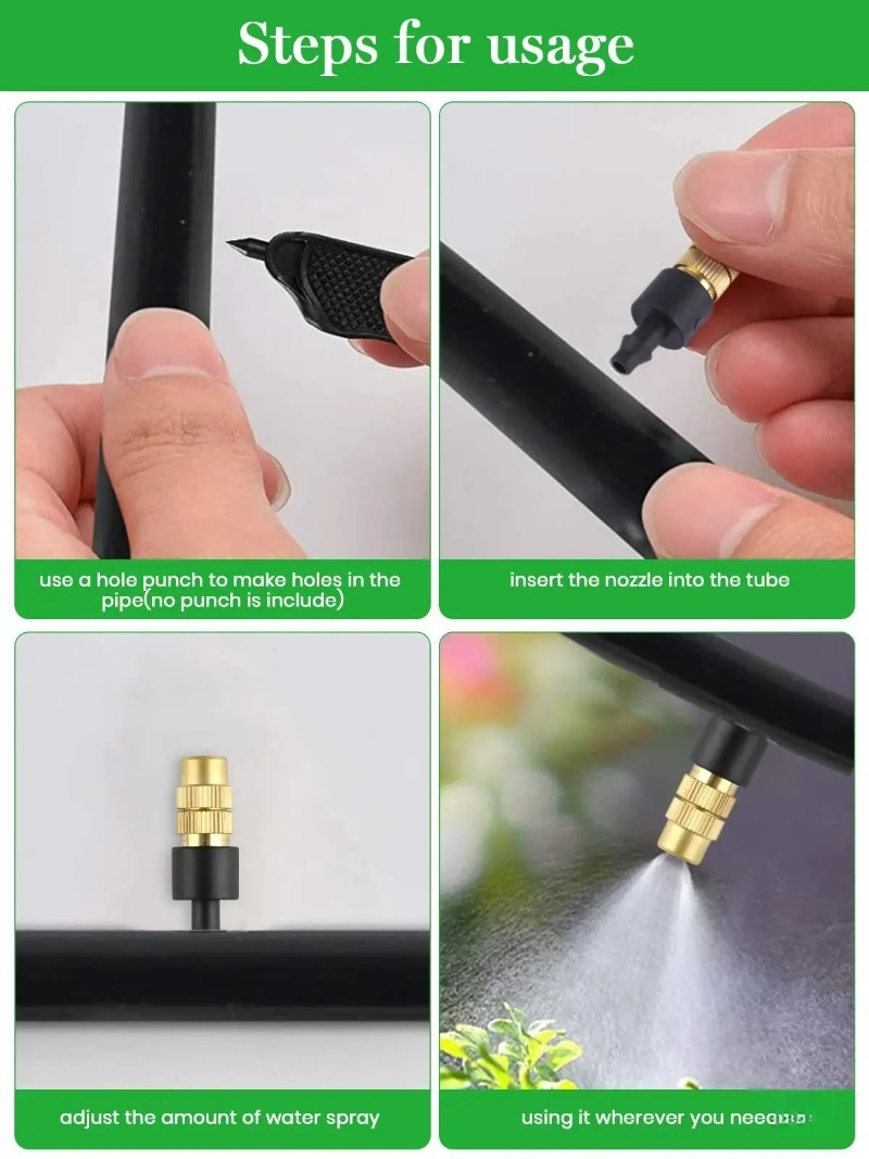 10 pz 4/7PVC Sistema di raffreddamento a nebulizzazione esterna Irrigazione del giardino Irrigazione 1/4 '' Atomizzatore in ottone Micro irrigatori da giardino regolabili