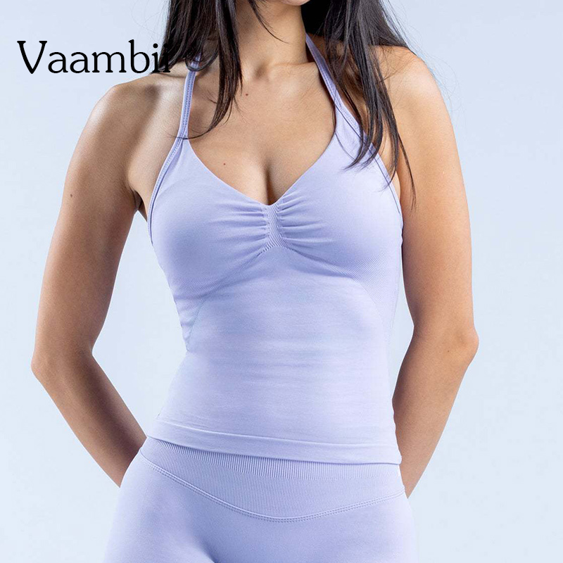 Gimnasio hermoso sujetador con espalda abierta entrenamiento para correr Halter impacto palangre Top con tiras deportes Yoga chaleco mujer Fitness camiseta sin mangas