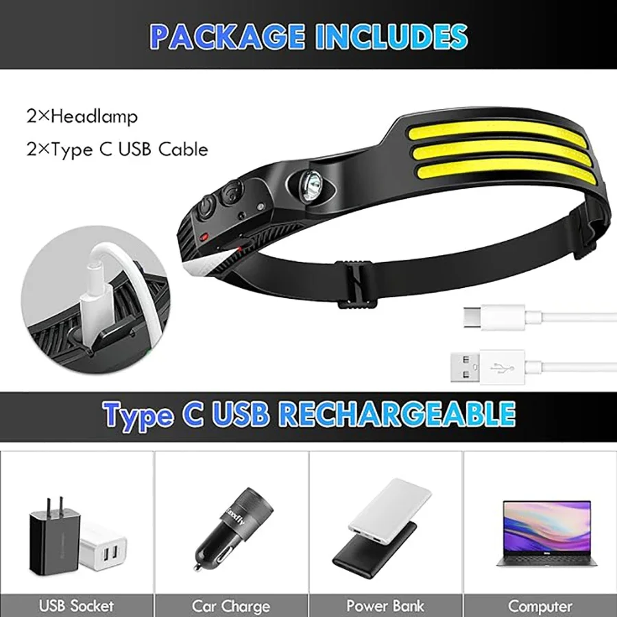 New Wave Sensing COB LED Headlight USB Rechargeable Torch Dual Light Source Built-in Battery Outdoor Camping Fishing Lantern