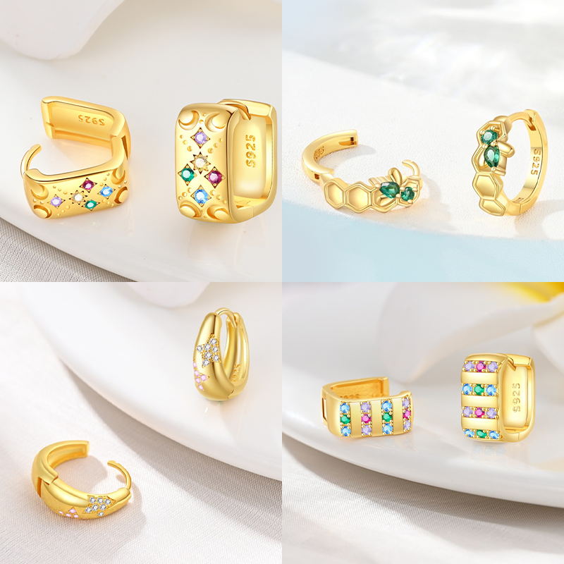 Retro 925 Sterling Silver Colored Starry Gold Square Hoop Earrings for Women's Wedding Parties Jewelry Accessories S925