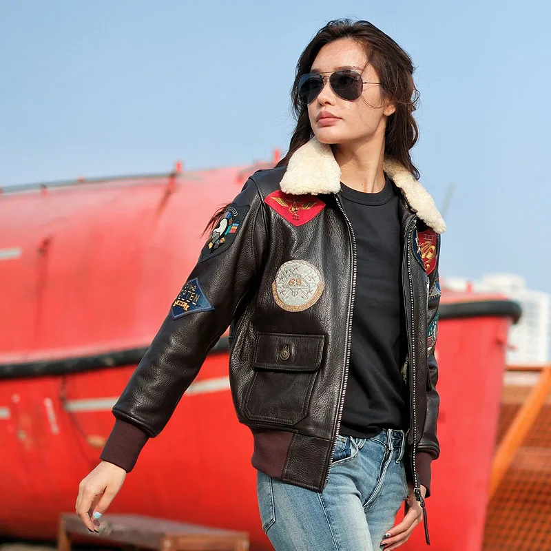 Dunkelbraune Winter G1 Pilot Lederjacke Damen Militärstil Echtes natürliches Rindsleder Wollkragen Flugledermantel