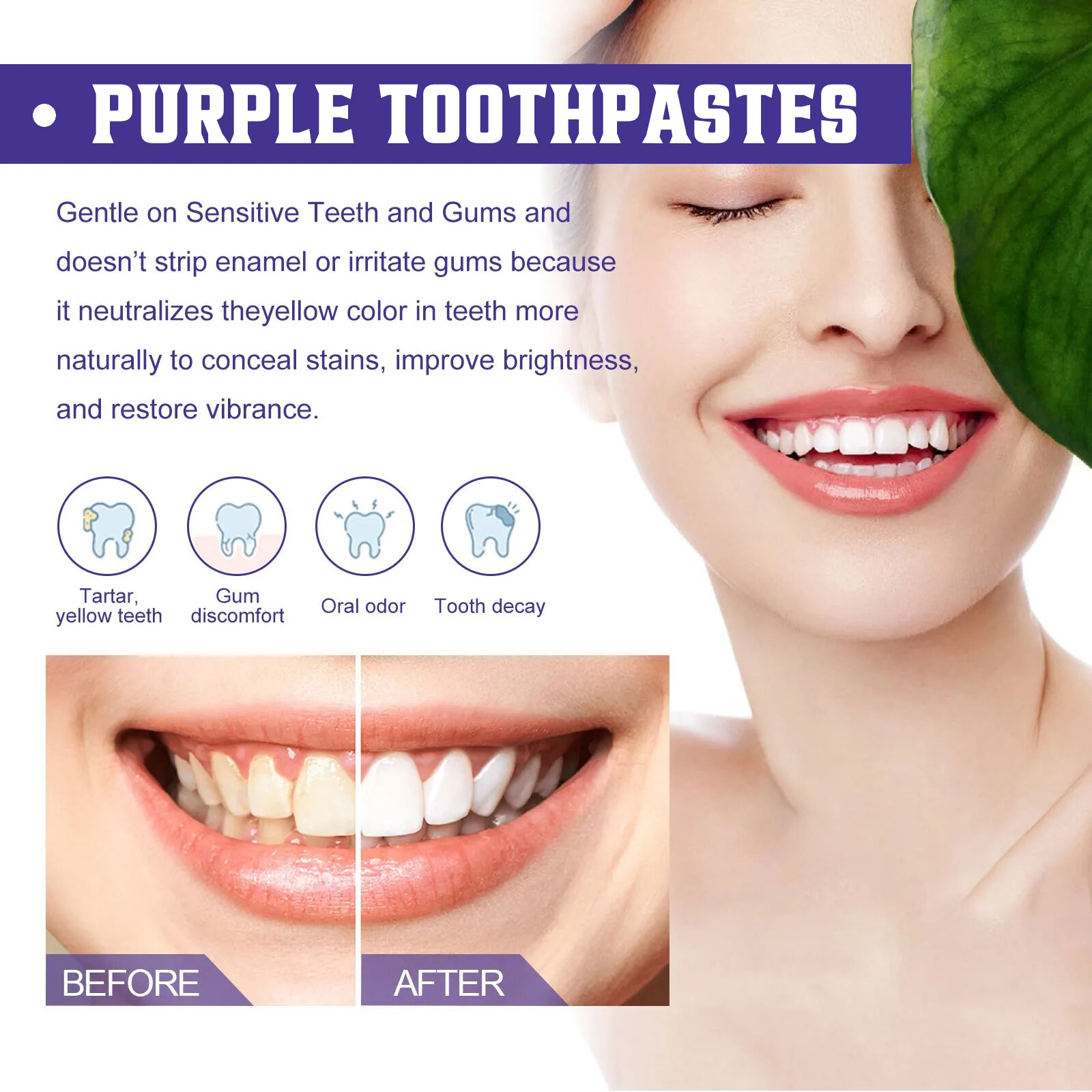 Pasta de dientes blanqueadora púrpura para esmalte Oral, cuidado limpio, elimina las manchas de placa, el sarro, reduce la cavidad, dientes amarillentos, aliento fresco