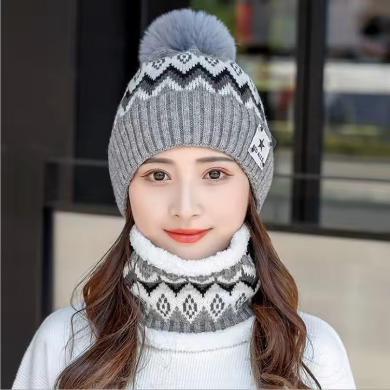 2pcs Winter Cashmere Lined Warm Neck Hat Combination Portable Windproof Ear Protection Hat Knit Printed Versatile Set Accessory