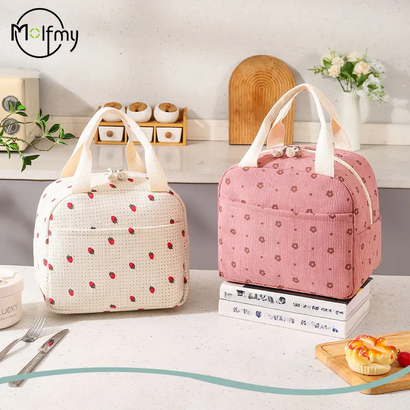 Caja de comida de fresa, bolsas de hielo con flores, bolsa de almuerzo térmica portátil de pana, duradera, impermeable, bonita fiambrera, estuche aislado para acampar