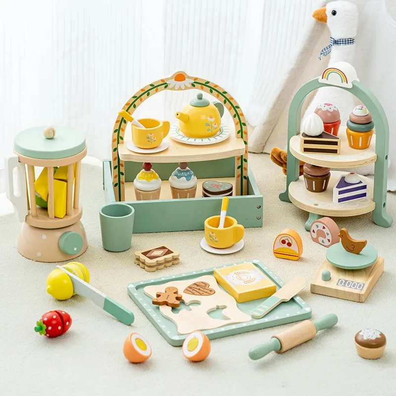 나무 주방 척 놀이 장난감 티 파티 세트 어린 소녀 커피 메이커 세트 케이크 아이스크림 차 Playset 3 4 5 6 세 소녀