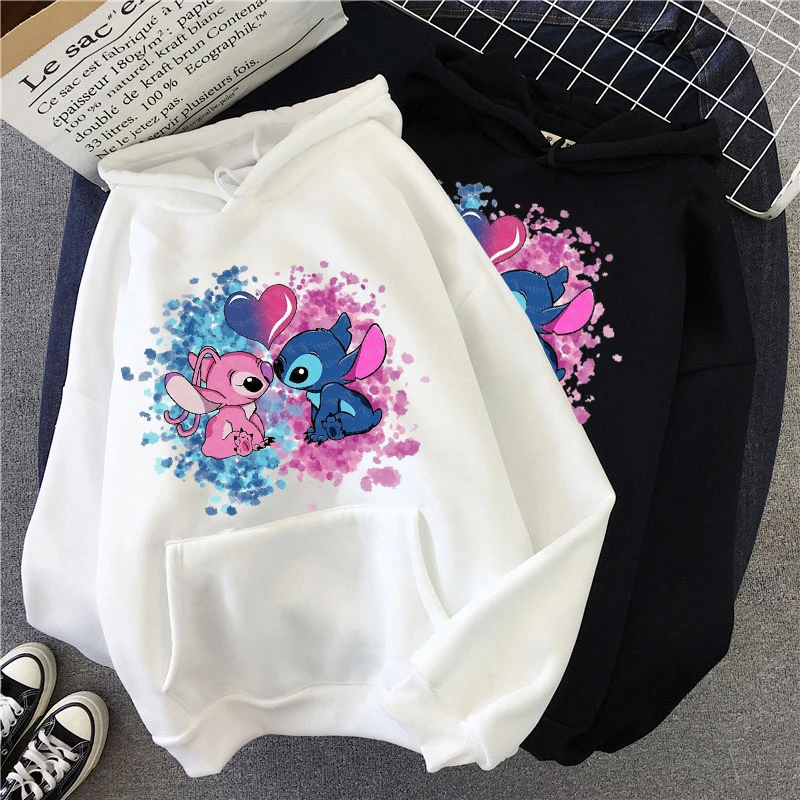 Disney Stitch bluzy damskie swetry w stylu Harajuku śliczne Kawaii Casual topy O-Neck nadruk anioła bluza z kapturem z długimi rękawami