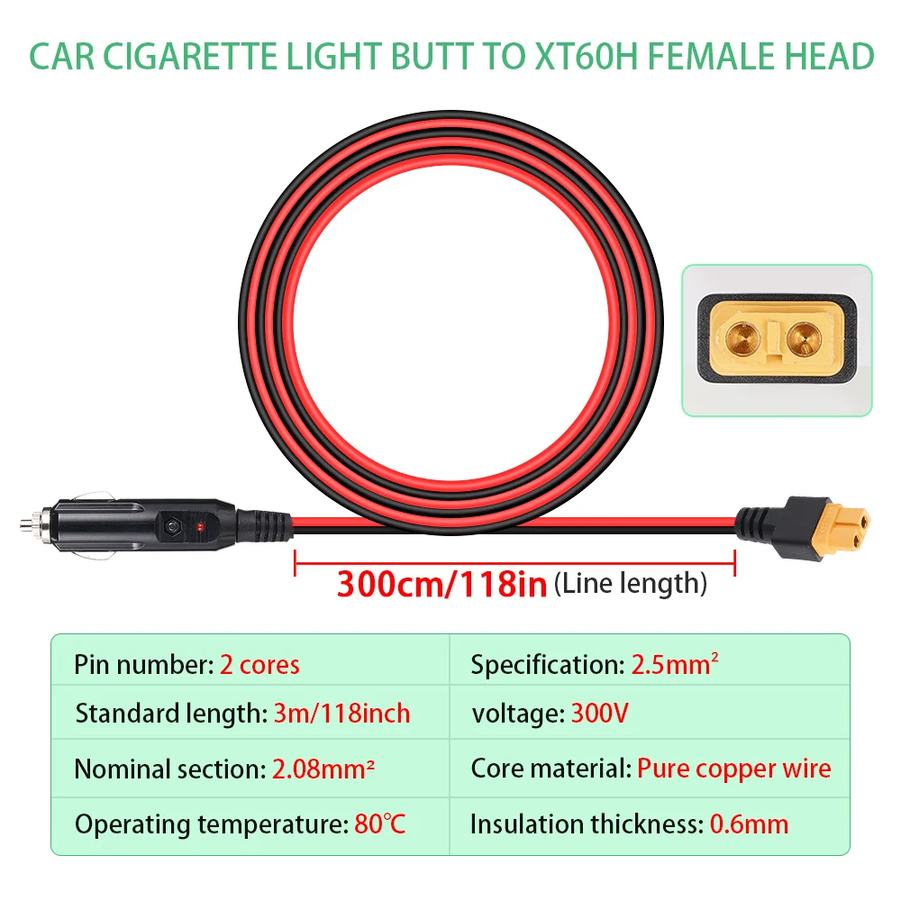 Cabo de extensão de conector de carro XT60 14AWG com plugue de isqueiro Carregador de carro de 10 pés e cabo adaptador para gerador solar