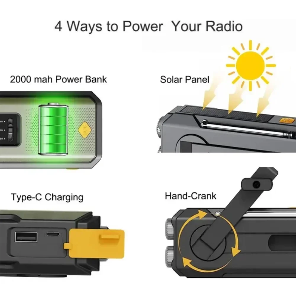 AM/FM 라디오 야외 2000mAh USB 충전 다기능 핸드 디나모 LED 손전등과 태양 핸드 크랭크 전원 캠핑 라이트