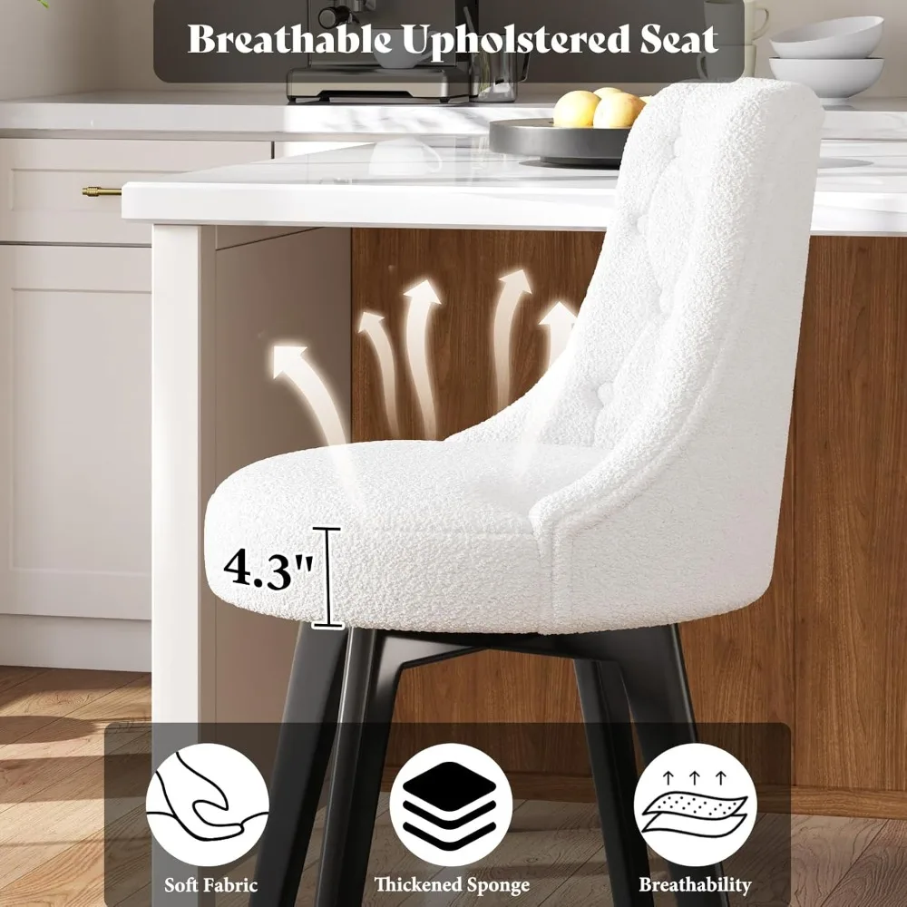 Modern Bar Stools Set of 2, Boucle Swivel Counter Height Stools with Back, Upholstered Barstools with Wood Legs, 26" Height Seat