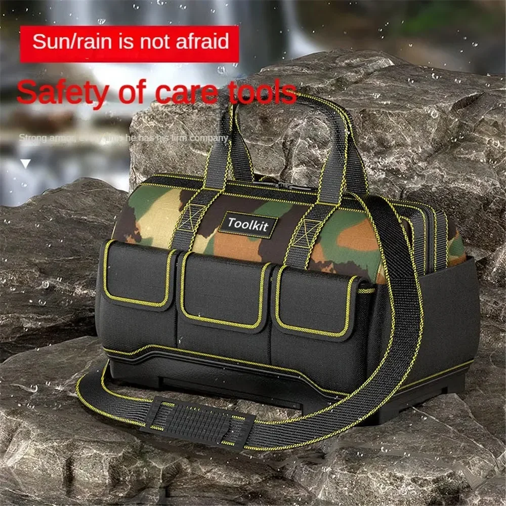 Camouflage Tool Bag with Plastic Bottom Shoulder Strap Multiple Pockets Tool Pounch Tool Storage Organizer for Electrician Tool