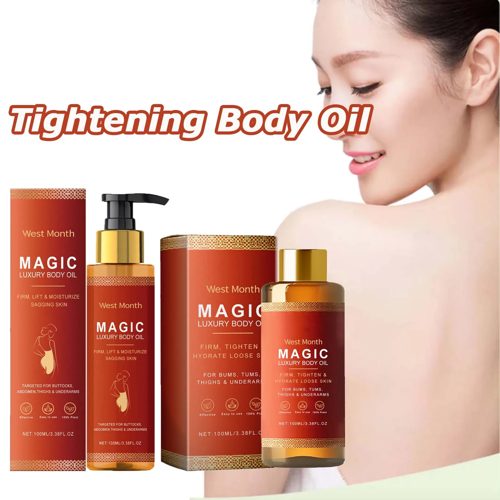 Óleo firmador corporal, hidratação profunda da pele seca, melhora a flacidez, aperto da pele, coxas, nutritivo, magia, luxo, cuidados com o corpo, 100ml