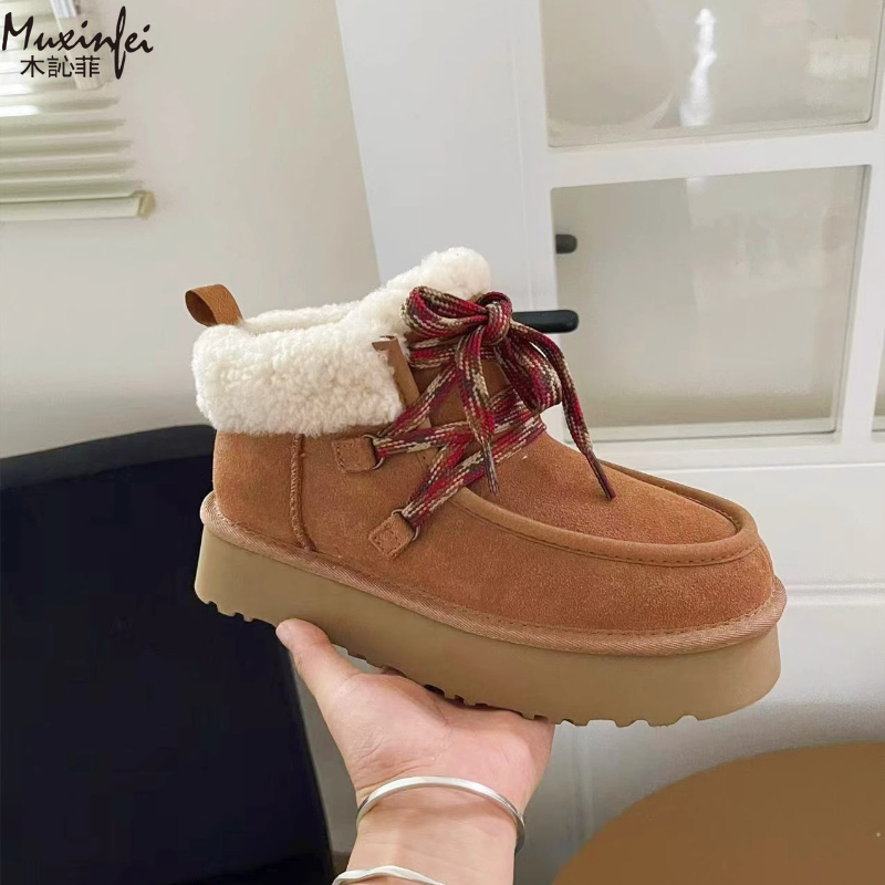 2025 Winter New Snow Boots Thick Bottom Fukara Strap Sheepskin and Fur Integrated Snow Boots Wool Strap Short Boots