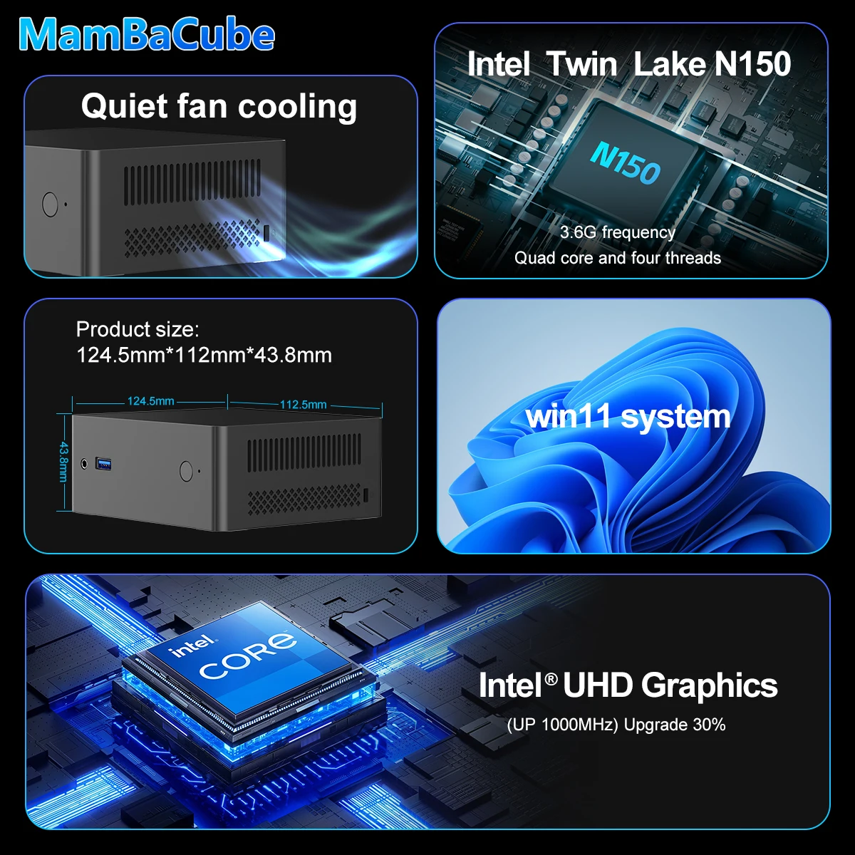 MamBaCube N9E Mini PC Intel N150 Win11 Pro 8GB 16GB DDR4 256GB 512GB SSD WiFi 5 portátil compacto ordenador de escritorio para el hogar y la Oficina