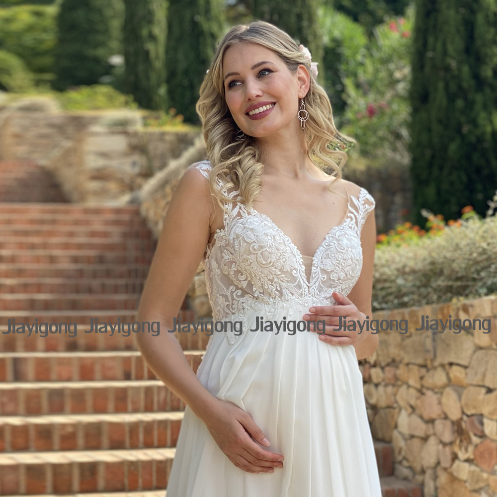 Pregnant Bride Dresses Customized Cap Sleeve V Neck Lace Applique Empire Bridal Gown Chiffon Boho Wedding  Vestido De Noiva