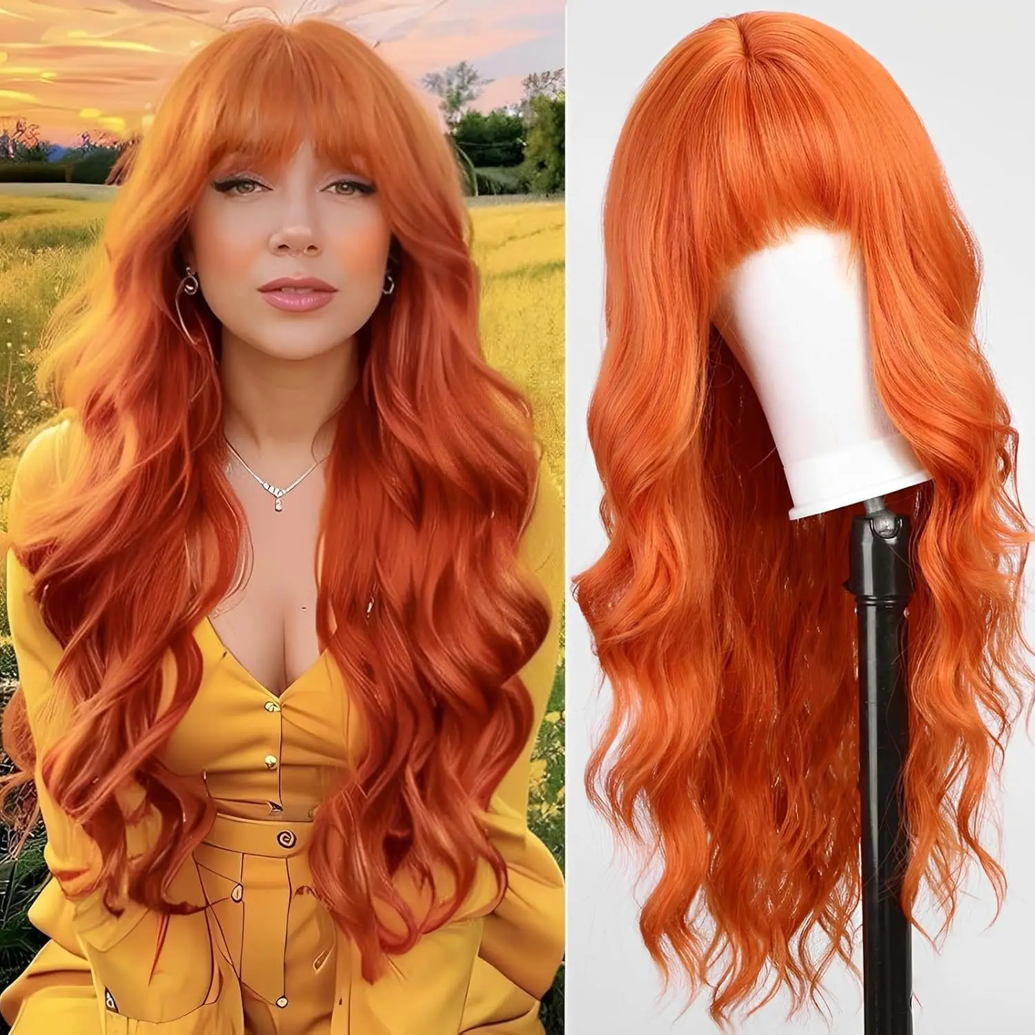 Moda feminina conjunto de cabeça de fibra sintética laranja vinho vermelho franja longo cabelo encaracolado ondulação de água alta temperatura peruca de seda cabeça conjunto