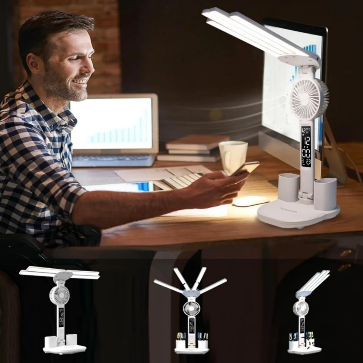 Candeeiro de mesa LED de 3 cores com ventilador e relógio Quatro cabeças dobrável com carregamento USB Lâmpada de mesa multifuncional para leitura luz noturna