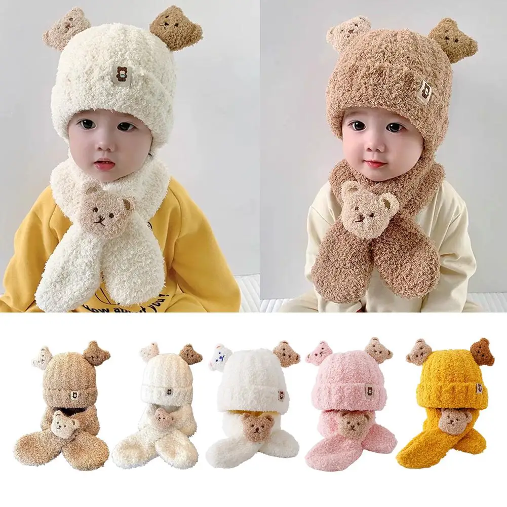 Conjunto de cachecol e chapéu de inverno de urso fofo para crianças de 3 meses a 1,5 anos de lã grossa com capuz e caveira, roupa quente para crianças