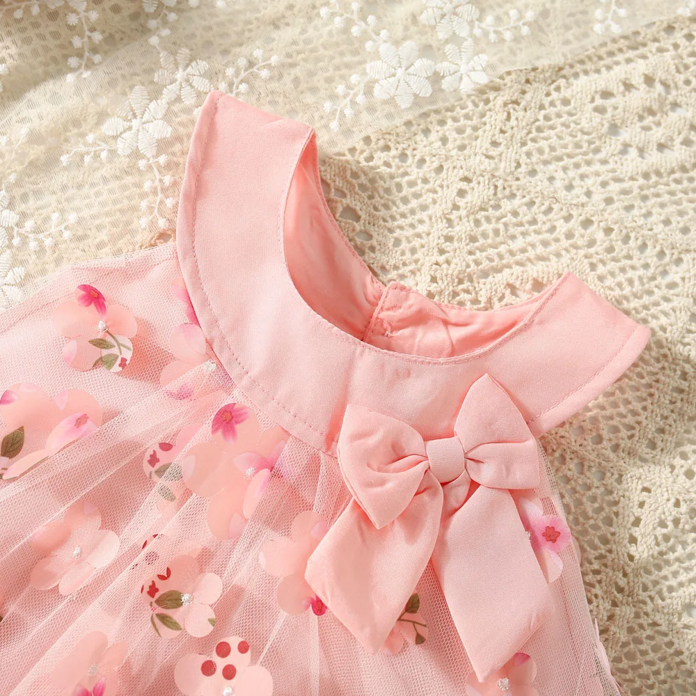 (0-3 anni) Abito estivo da bambina con fiocco a fiore pieno in rete Abito da principessa per ragazza senza maniche carino