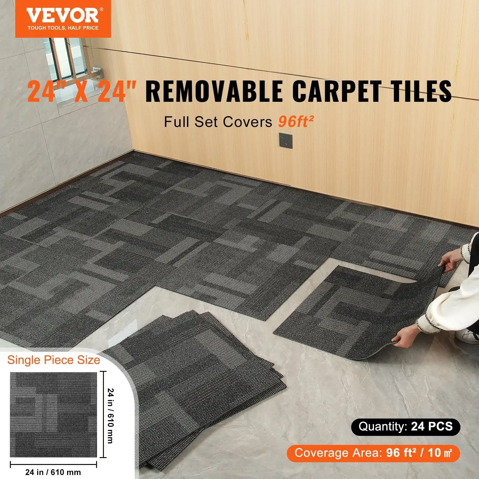 Carpet Tiles Reusable, 24"x 24"Carpet Squares With Padding Attached, Soft Padded Carpet Tiles (24Tiles, Mixed Gray)