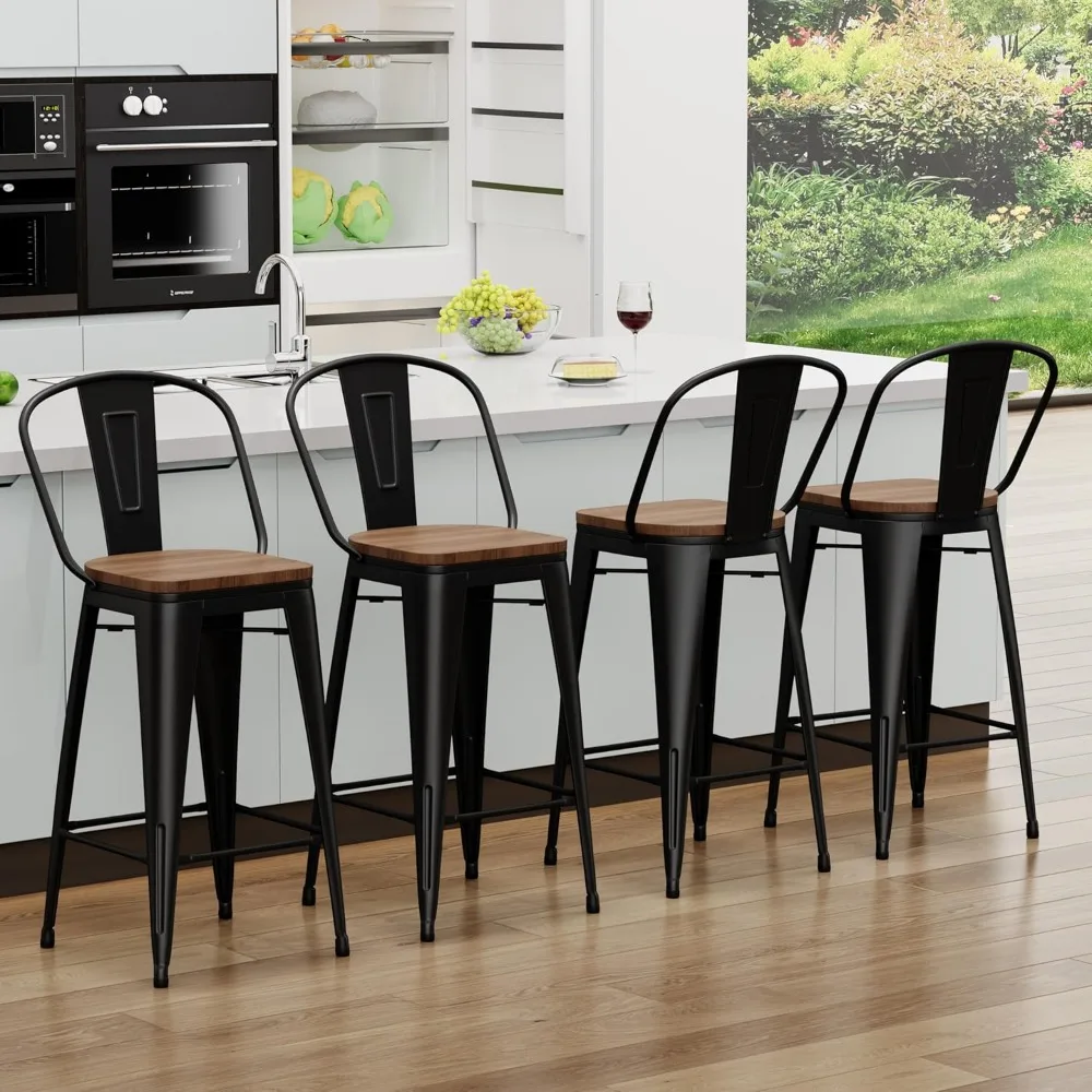 Barstools Set of 4 Counter Height Bar Stools for Kitchen Island Farmhouse Metal High Back Bar Chairs Wooden Seat 24" Matte Black