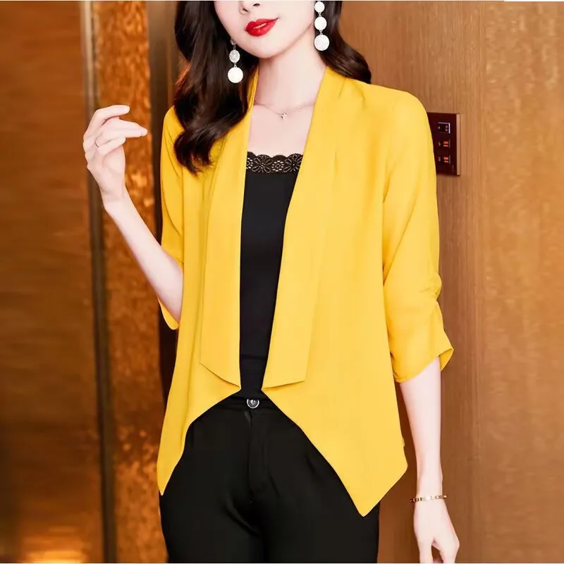 2025 primavera/verão novo irregular 3/4 mangas finas roupas de proteção solar moda feminina chiffon blaze camisa condicionado xale