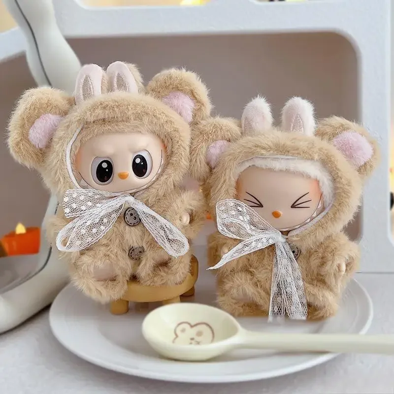 17 см мини-плюшевая кукла, одежда, аксессуары для Кореи Kpop Exo Labubu Idol V1 V2, шляпа с мультяшным медведем, пуговицами и бантом, одежда, подарок