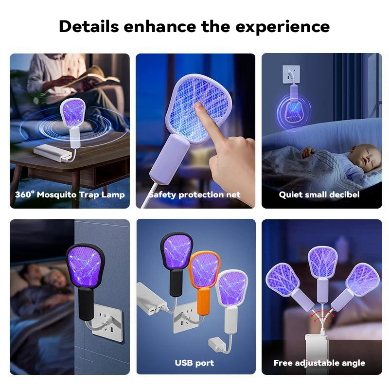 2025 New Pest Control USB Mosquito Swatter Trap Mini Electric Shock Fly Bug Zapper UV Light Portable Insect Racket Bedroom