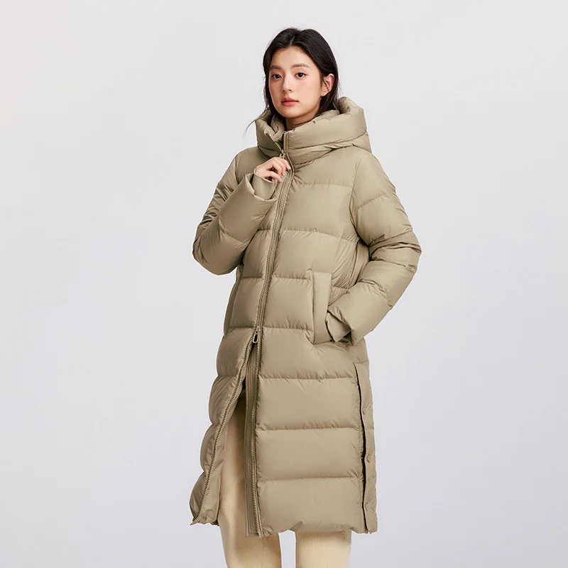女性用セミルダウンジャケット,ロング,フード付き,スリット,ルーズ,撥水,グースダウン服,冬,新しいコレクション2024
