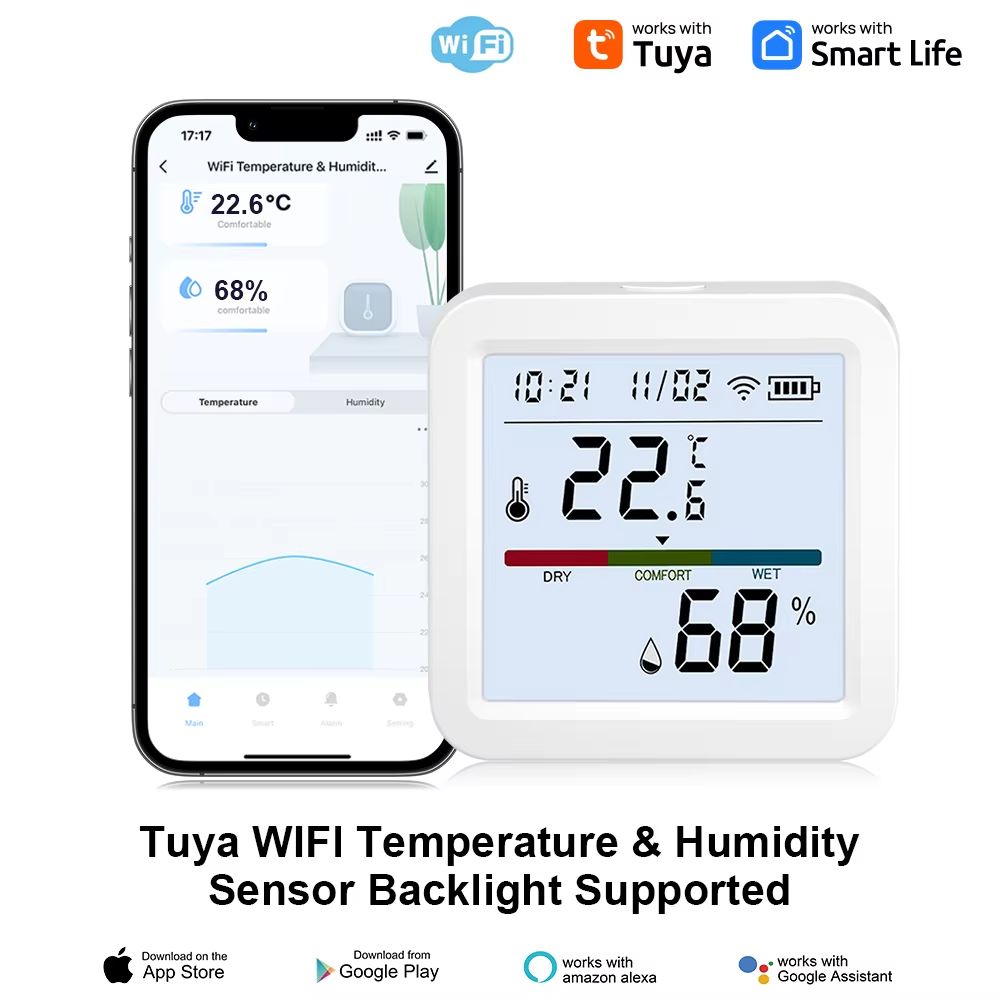 Sensor de temperatura e umidade wi-fi, higrômetro inteligente tuya interno, termômetro com luz de fundo, display lcd, suporte alexa e google