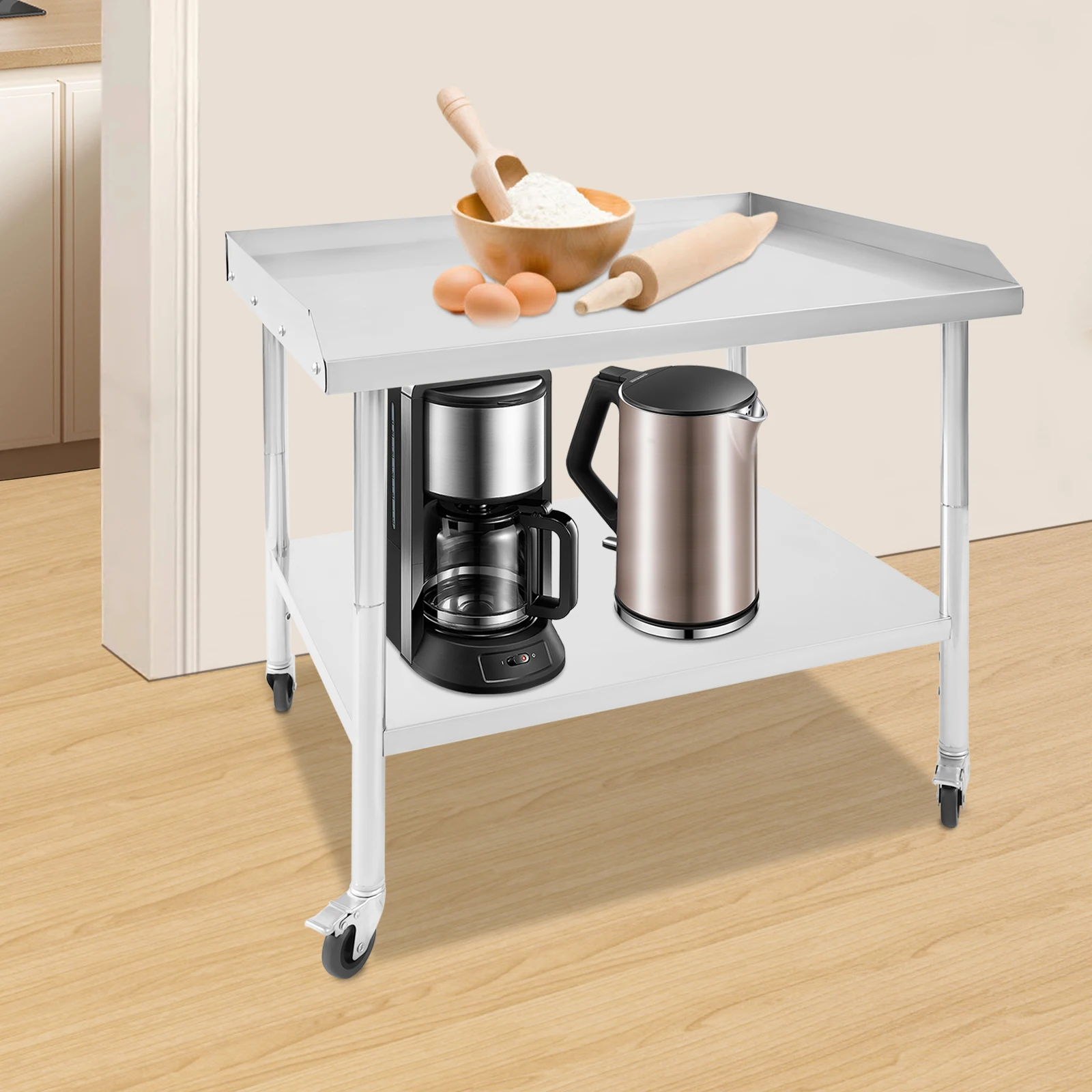 91*76*76cm Modern Silver 2-tier Work Table, Stainless Steel Work Table, Floor Standing Commercial Prep Table with 4 Wheels